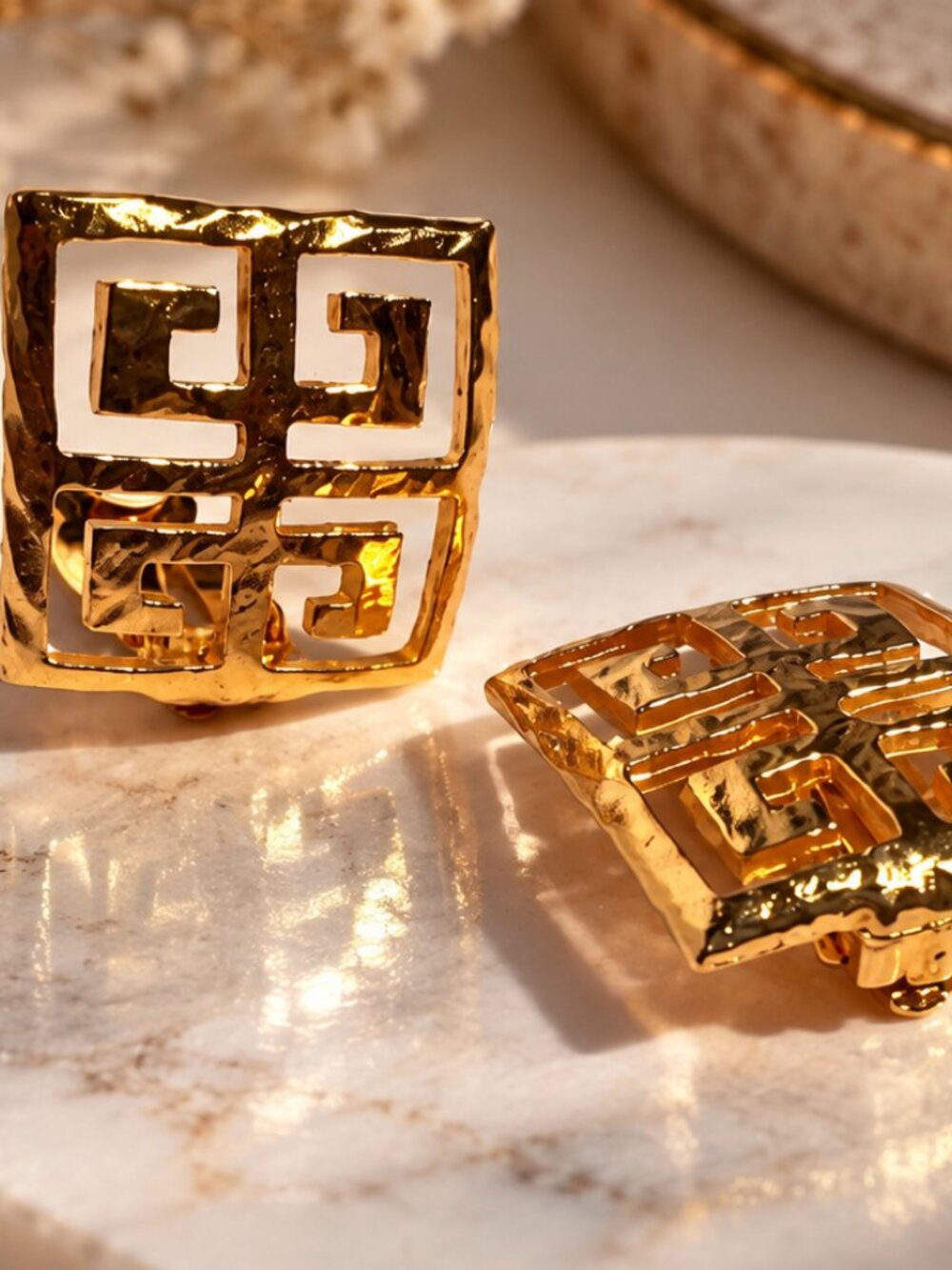 Authentic Vintage Givenchy Gold Tone 4G Logo Square Clip-On Earrings